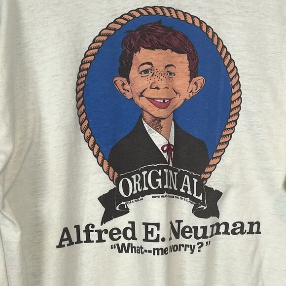 MAD Alfred E Neuman WHAT ME WORRY Long Sleeve T-Shirt Mens Size M/L Vtg Distress - Picture 3 of 16